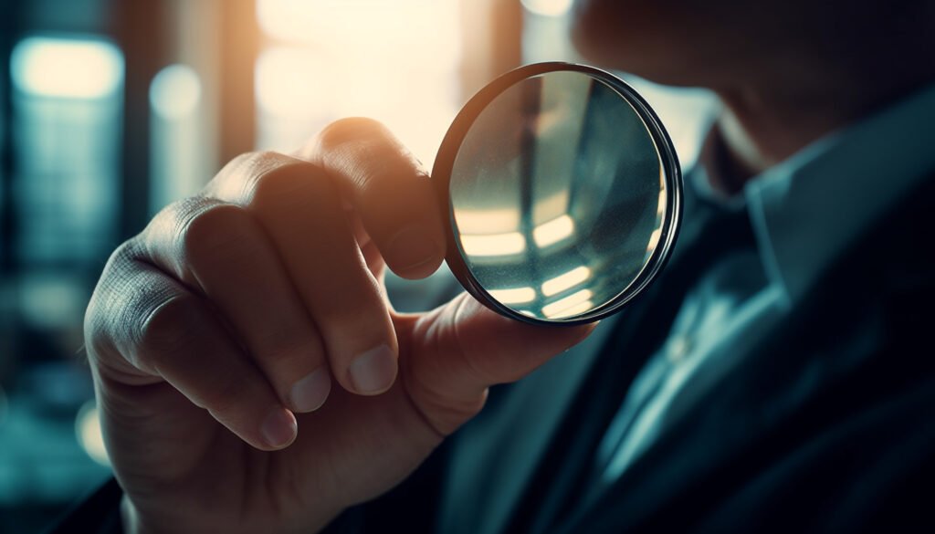 Businessman examining material with magnifying glass closely generated by AI
